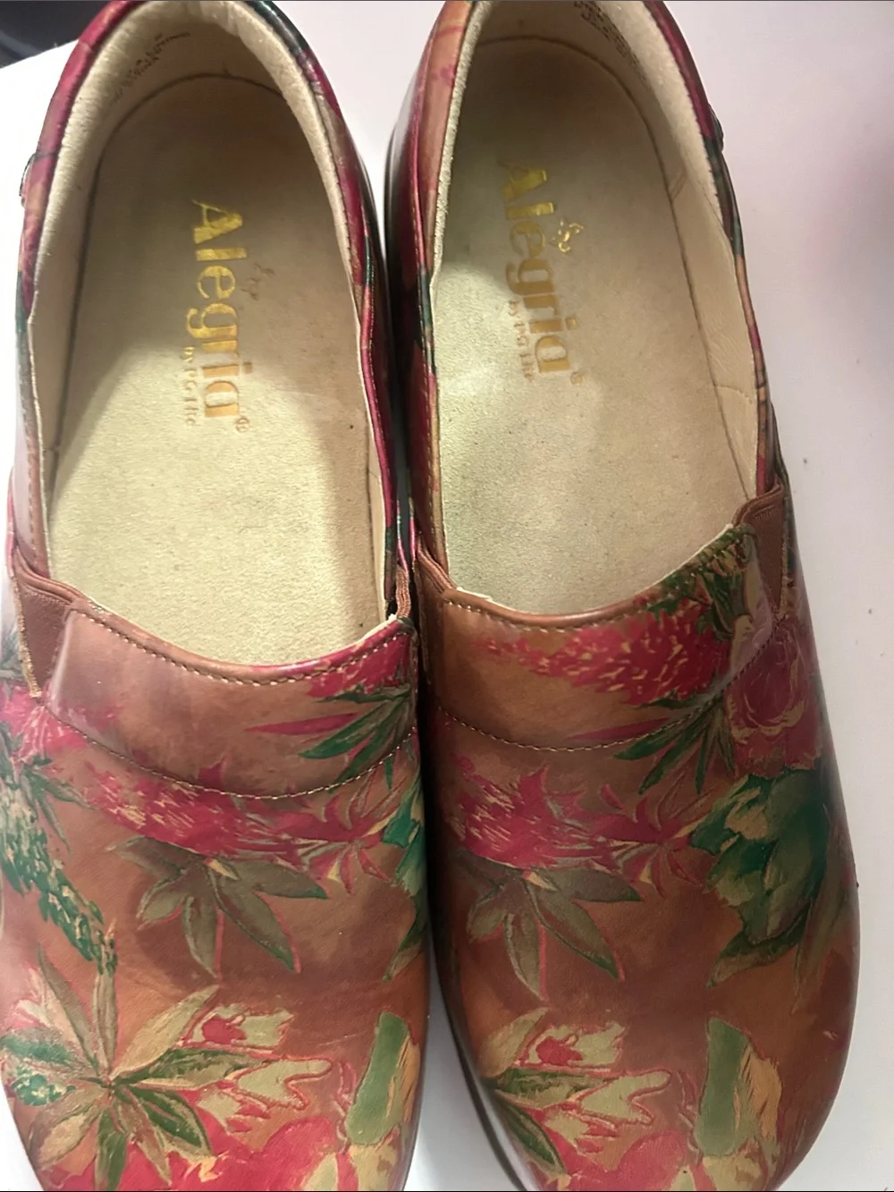 Alegria Pink and Green Floral Leather Slip-Ons